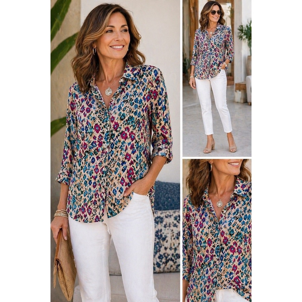 Additions by Chico's Women's Size 2 Multicolor Art Print Blouse